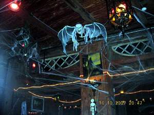 Ceiling decorated with cob webs and ghouls