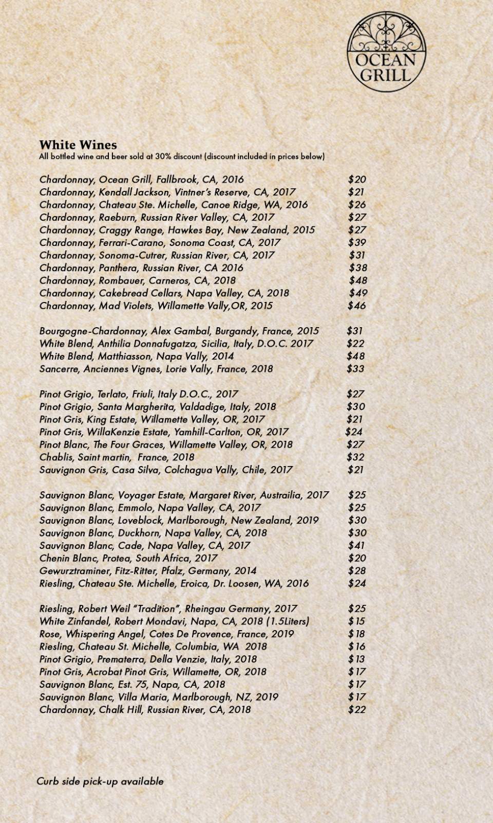 TAKEOUT MENU The landmark restaurant, Ocean Grill, is known for its